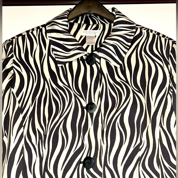 Worthington Zebra Print Trench Coat XL NWOT Stretch Black/White Cotton Funky - Picture 2 of 12